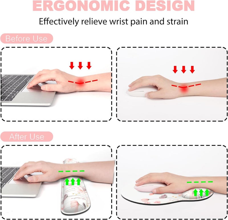 JIGOO Ergonomic Mouse Pad with Wrist Rest and Keyboard Wrist Rest, Mousepad and Wrist Rest for Computer Keyboard, Non-Slip Rubber Base, Mouse Pad Wrist Support for Gaming, Office, Pink Watercolor Flower - Image 2